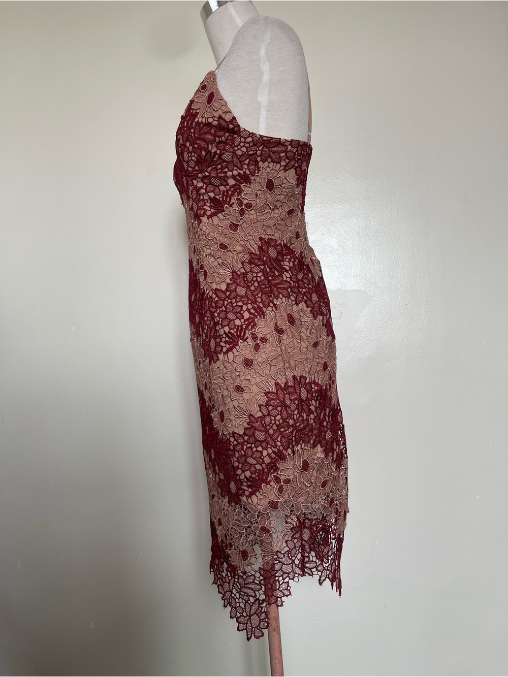 Bardot Wine Lace Midi Dress with Nude Underlay - Picture 2 of 7